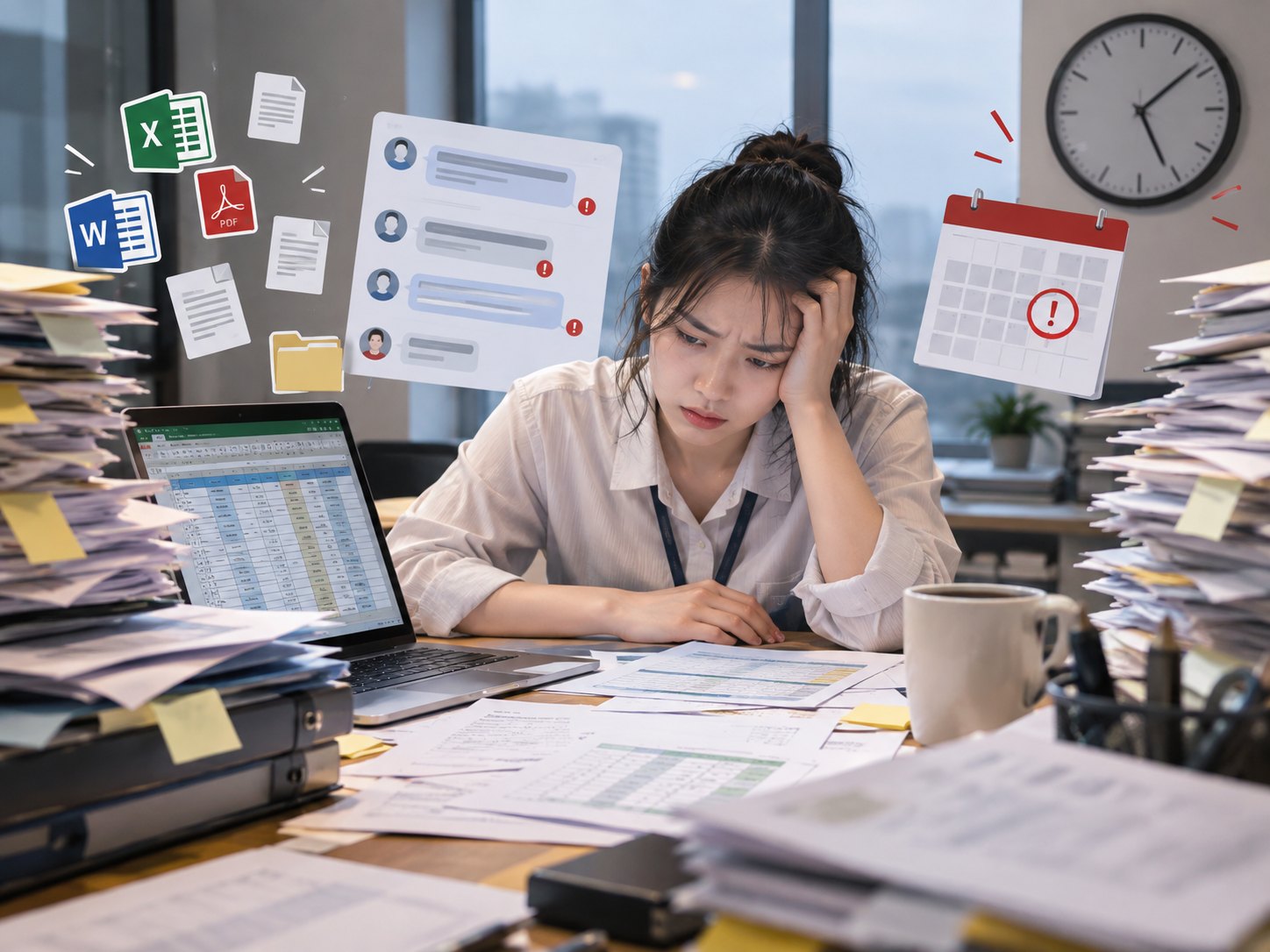 Nhân viên nhân sự căng thẳng giữa chồng giấy tờ, bảng tính và tin nhắn chờ xử lý